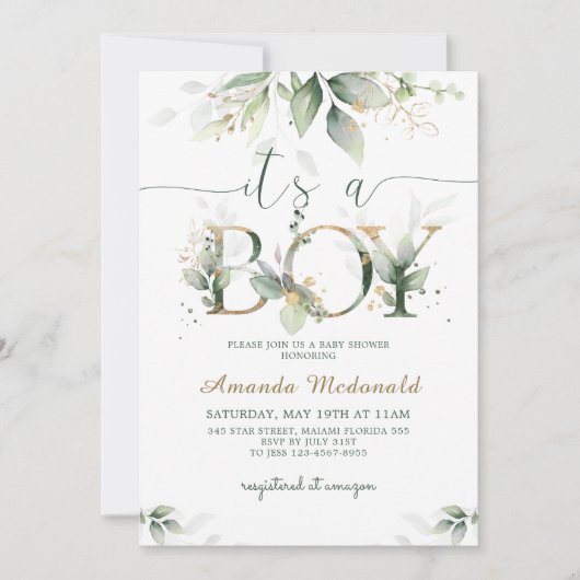 緑のユーカリ男の子の赤ちゃんシャワー 招待状 (正面)