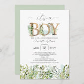 緑のユーカリ男の子の赤ちゃんシャワー 招待状 (正面/裏面)