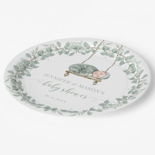 緑のユーカリ男女兼用スの赤ちゃん ペーパープレート (アングル)