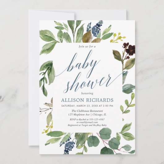 緑のユーカリ男女兼用スの赤ちゃん 招待状 (正面)