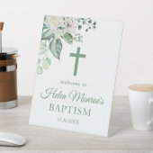 緑のユーカリ白い花の洗礼 台座サイン (インサイチュ)