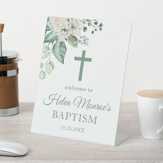 緑のユーカリ白い花の洗礼 台座サイン (インサイチュ)