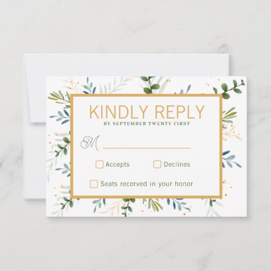 緑のユーカリ結婚の葉 出欠カード (正面)