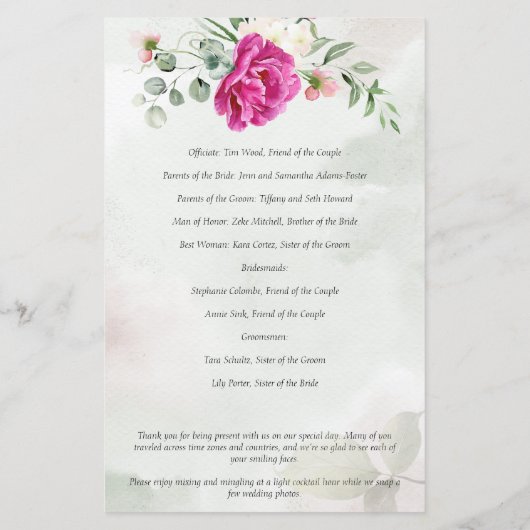 緑のユーカリ色マゼンタ花結婚式プログラム (裏面)