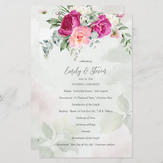 緑のユーカリ色マゼンタ花結婚式プログラム (正面/裏面)