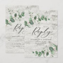 緑のユーカリ葉の白木結婚式RSVP 出欠カード