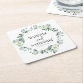 緑のユーカリ葉スグリーンボタニッ結婚クス スクエアペーパーコースター (アングル)