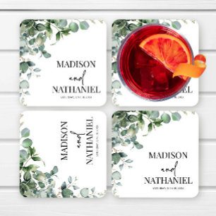 緑のユーカリ葉スグリーンボタニッ結婚クス スクエアペーパーコースター