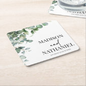 緑のユーカリ葉スグリーンボタニッ結婚クス スクエアペーパーコースター (アングル)