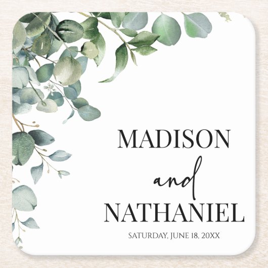 緑のユーカリ葉スグリーンボタニッ結婚クス スクエアペーパーコースター (正面)