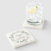 緑のユーカリ葉スグリーンボタニッ結婚クス ストーンコースター (横)