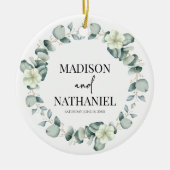 緑のユーカリ葉スグリーンボタニッ結婚クス セラミックオーナメント (正面)