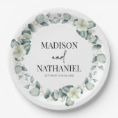 緑のユーカリ葉スグリーンボタニッ結婚クス ペーパープレート (正面)
