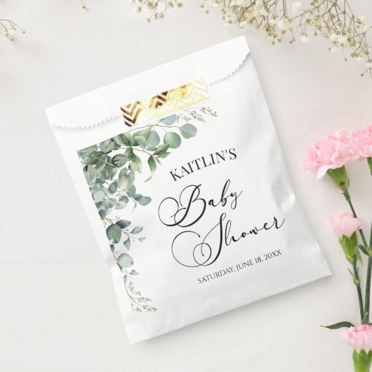 緑のユーカリ葉スボタニカルベイビーシャワー フェイバーバッグ (封をした状態)