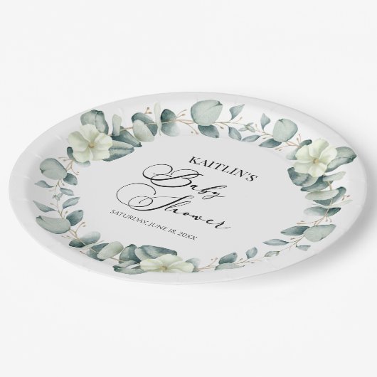 緑のユーカリ葉スボタニカルベイビーシャワー ペーパープレート (アングル)