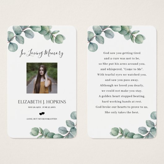 緑のユーカリ葉ス写真祈りの言葉カード (正面&裏面)