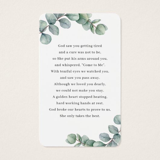 緑のユーカリ葉ス写真祈りの言葉カード (裏面)