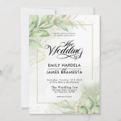 緑のユーカリ葉ス金ゴールド水の結婚色 招待状 (正面)