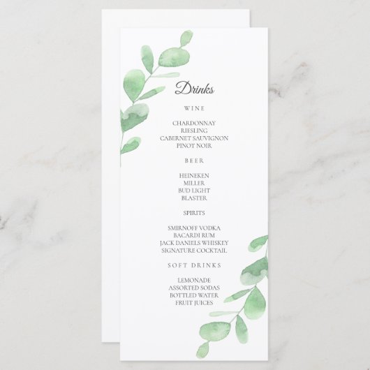 緑のユーカリ葉プス。シンプルの結婚バー メニュー (正面/裏面)