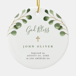 緑のユーカリ葉ベビー洗礼写真 セラミックオーナメント