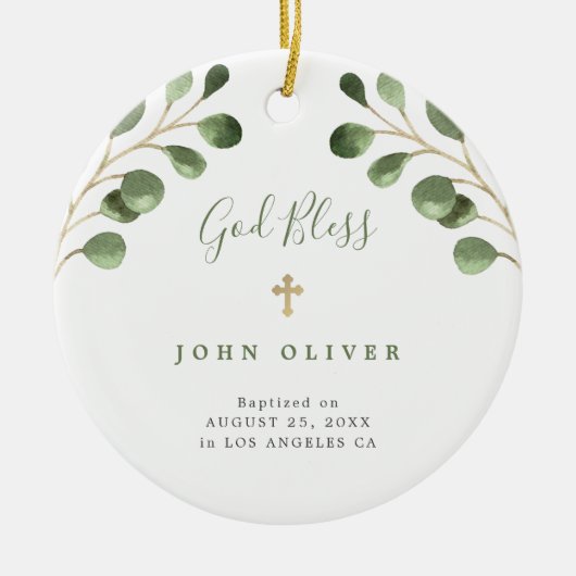 緑のユーカリ葉ベビー洗礼写真 セラミックオーナメント (正面)