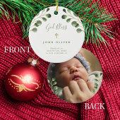 緑のユーカリ葉ベビー洗礼写真  セラミックオーナメント