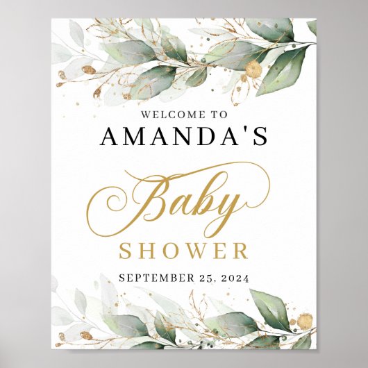 緑のユーカリ葉金ゴールド歓迎サイン ポスター (正面)