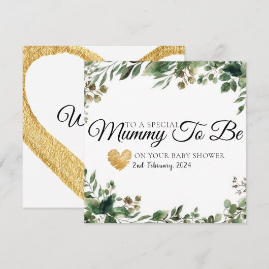 緑のユーカリ赤ちゃんシャワーミイラをカードにする サンキューカード (正面/裏面)