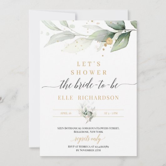 緑のユーカリ金ゴールド花嫁のブライダルシャワー 招待状 (正面)