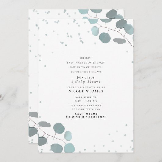 緑のユーカリ離れスの赤ちゃんシャワー男の子または女の子 招待状 (正面/裏面)