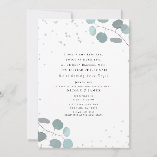 緑のユーカリ離れパービシャワー双子 招待状 (正面)