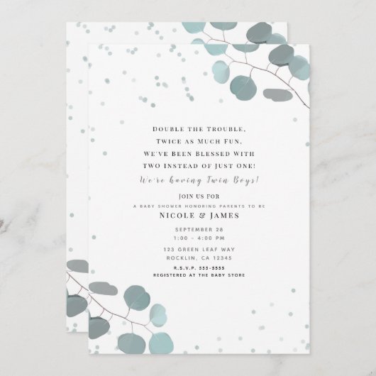 緑のユーカリ離れパービシャワー双子 招待状 (正面/裏面)