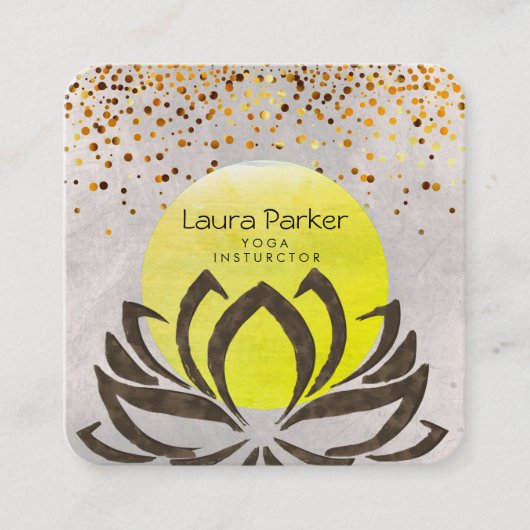 緑のヨガのインストラクターのはすの花の水彩画 スクエア名刺 (正面)