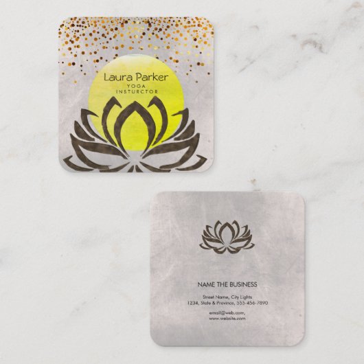 緑のヨガのインストラクターのはすの花の水彩画 スクエア名刺 (正面/裏面)