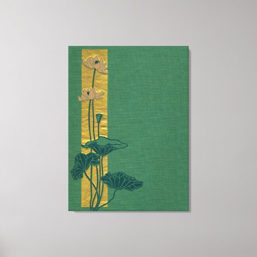 緑のリネンの上のピンクの蓮 – ヴィンテージブックカバー キャンバスプリント (正面)