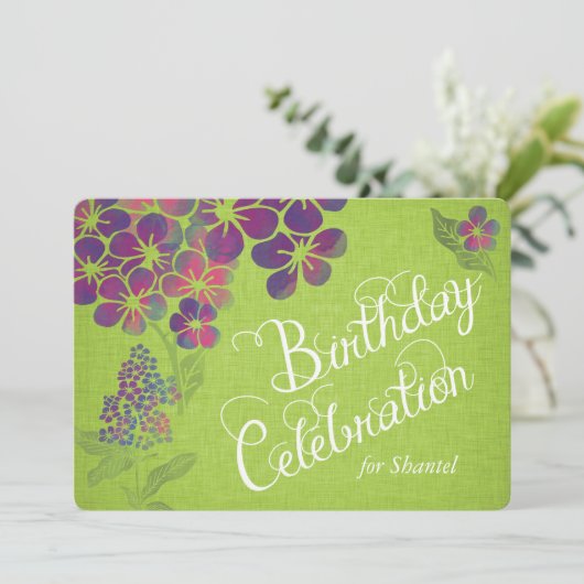 緑のリネンカスタムな誕生日の招待のバイオレット 招待状 (スタンド正面)