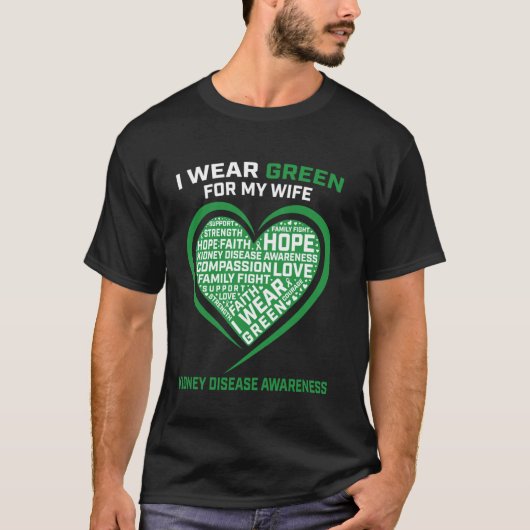 緑のリボンの妻 腎臓病啓発 ハートG Tシャツ (正面)