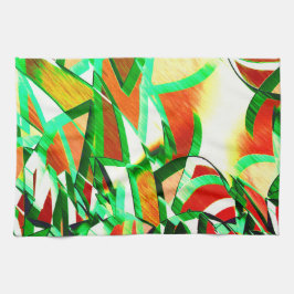 緑のリボン、オレンジ色のサンゴの背景の霧雨 キッチンタオル