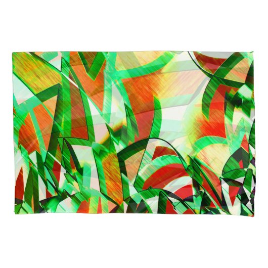 緑のリボン、オレンジ色のサンゴの背景の霧雨 枕カバー (正面左)