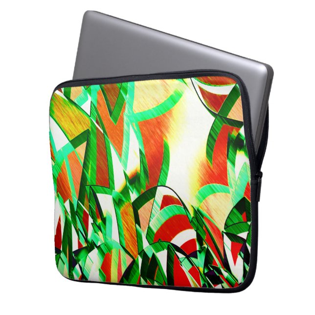 緑のリボン、オレンジ色の珊瑚の背景に細かい雨のようなもの ラップトップスリーブ (正面左)