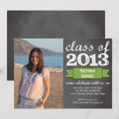 緑のリボン バナー 黒板 写真 卒業式 招待状 (正面/裏面)