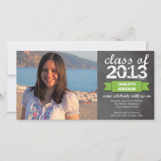 緑のリボン バナー 黒板 写真 卒業 案内状 (正面)