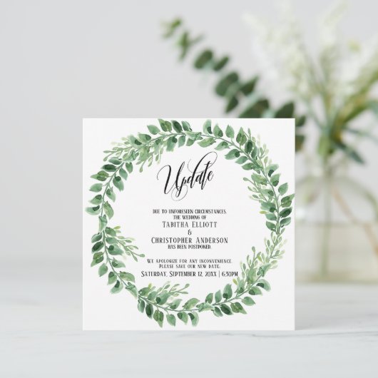 緑のリースが結婚延期した更新カード 招待状 (スタンド正面)