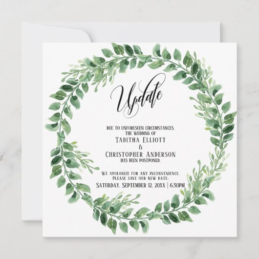 緑のリースが結婚延期した更新カード 招待状 (正面)