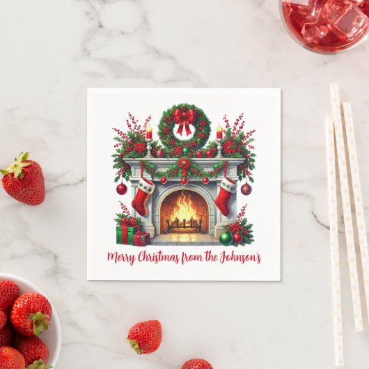 緑のリースとクリスマス暖炉 スタンダードカクテルナプキン (インサイチュ)