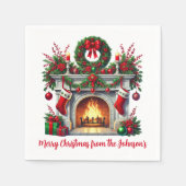 緑のリースとクリスマス暖炉 スタンダードカクテルナプキン (正面)