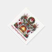 緑のリースとクリスマス暖炉 スタンダードカクテルナプキン (角)