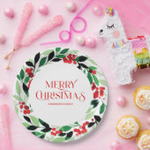 緑のリースと赤葉の実を持つクリスマス ペーパープレート (パーティー)