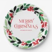 緑のリースと赤葉の実を持つクリスマス ペーパープレート (正面)