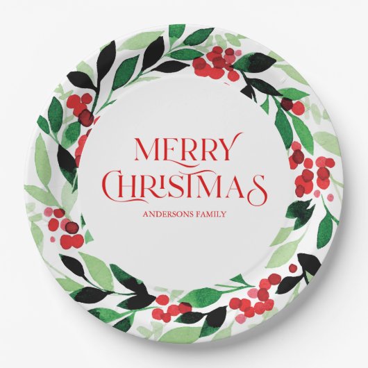 緑のリースと赤葉の実を持つクリスマス ペーパープレート (正面)